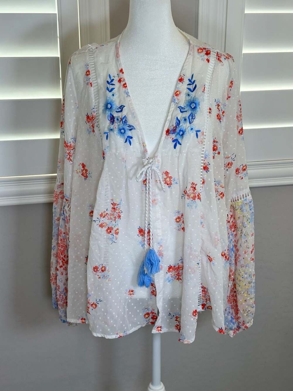 Time and Tru Floral Swiss Dot Peasant Sheer Blouse Tassel XL